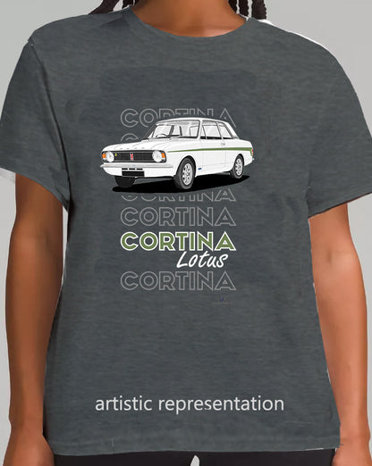 Ford Cortina Mk2 Lotus in White & Green (Minilites) Art T-Shirt (Words)