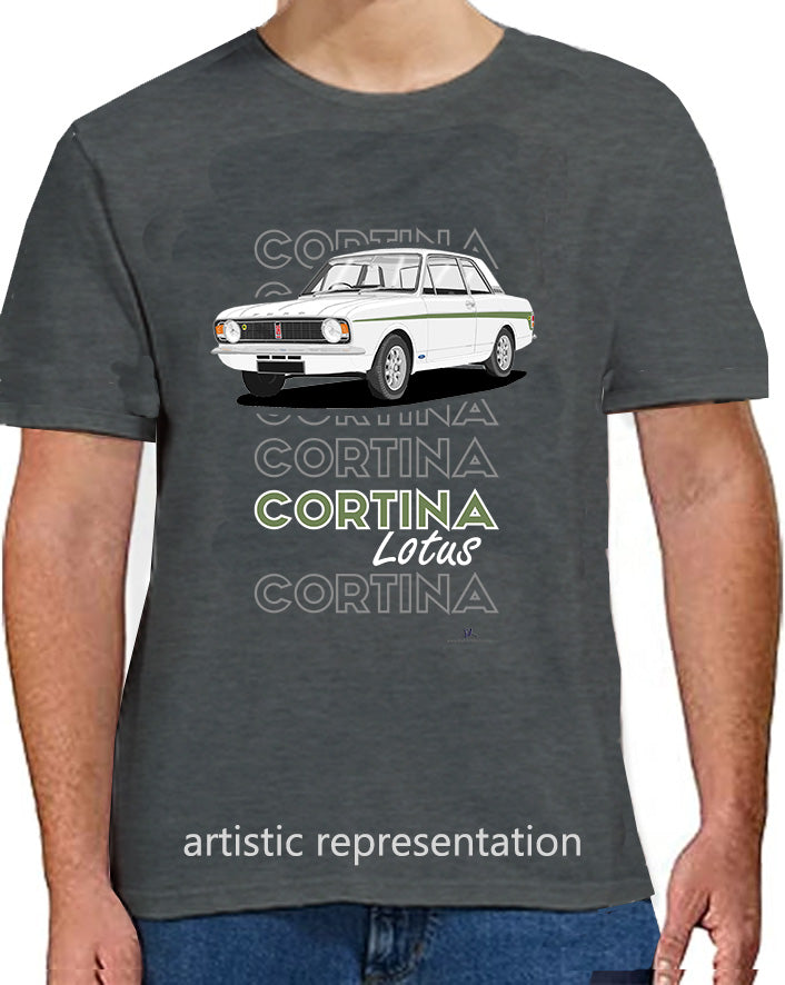 Ford Cortina Mk2 Lotus in White & Green (Minilites) Art T-Shirt (Words)