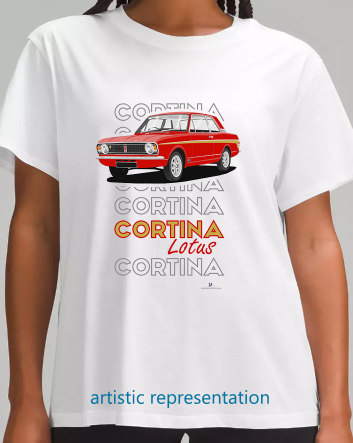 Ford Cortina Mk2 Lotus  in Red & Gold (Minilites) Art T-Shirt (Words)