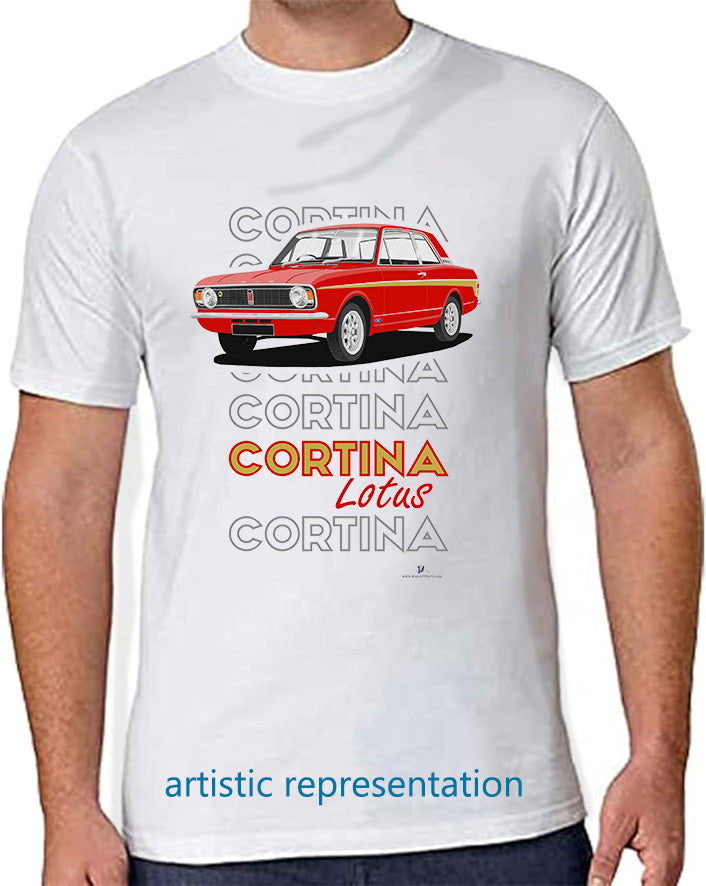 Ford Cortina Mk2 Lotus  in Red & Gold (Minilites) Art T-Shirt (Words)