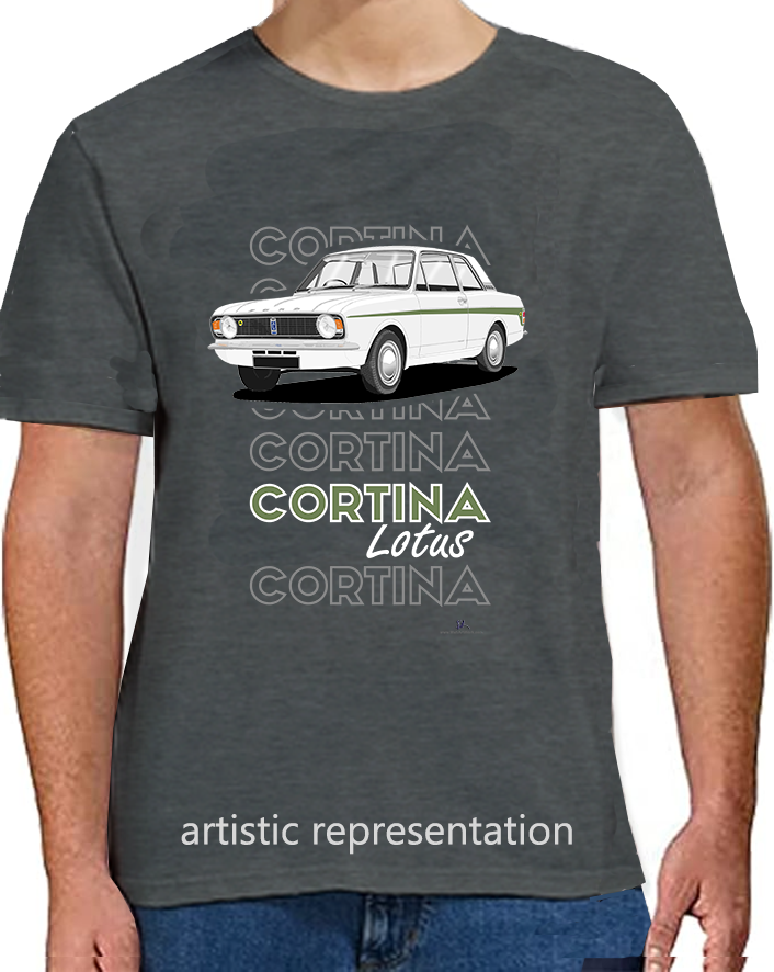 Ford Cortina Mk2 Lotus, facelift, in White & Green (Steel wheels) Art T-Shirt (Words)