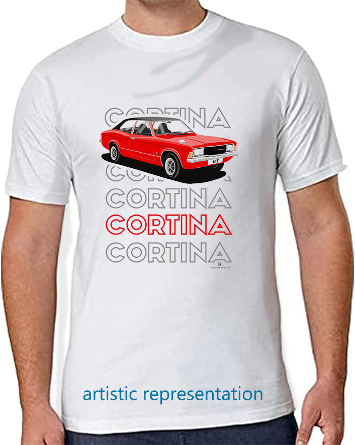 Facelift Ford Cortina Mk3 GT in Red Art T Shirt (Words)