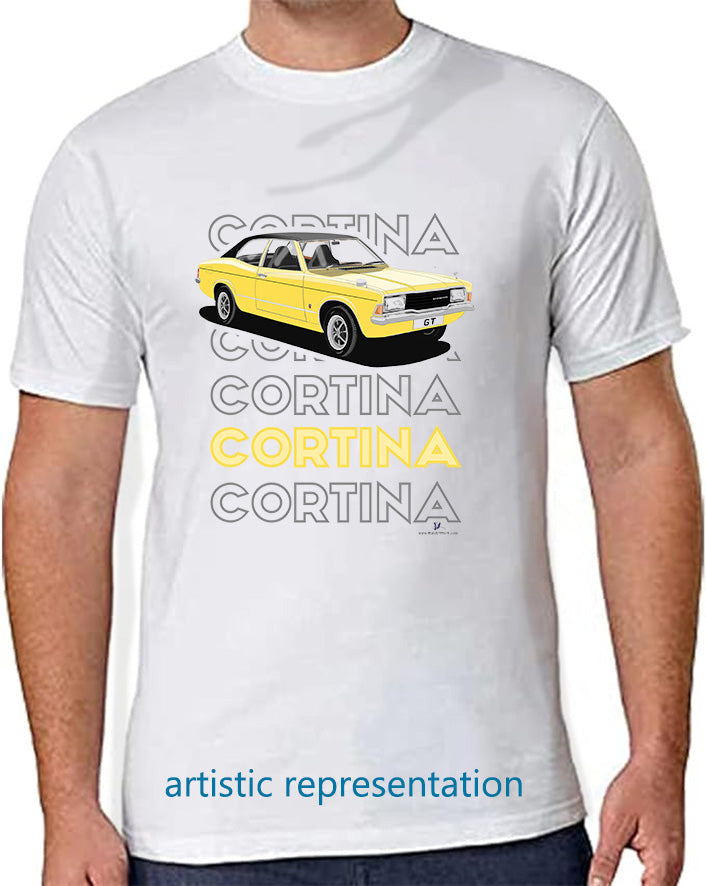 Facelift Ford Cortina Mk3 GT in Yellow Art T Shirt (Words)
