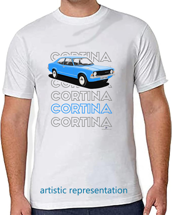 Facelift Ford Cortina Mk3 L in Blue Art T Shirt (Words)