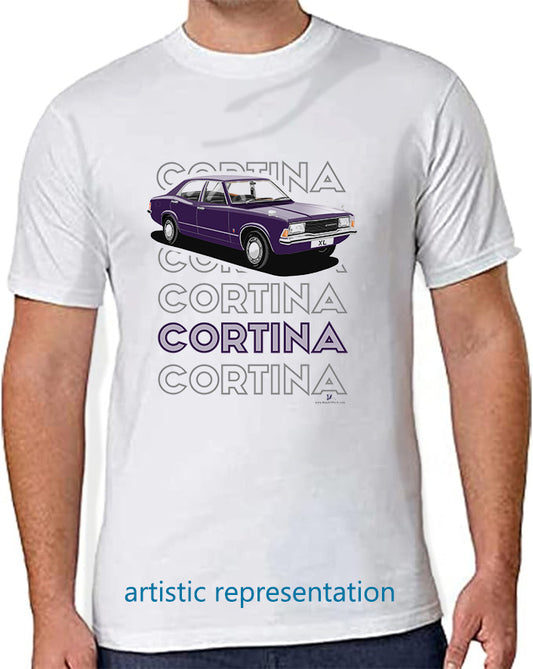 Facelift Ford Cortina Mk3 XL in Purple Art T Shirt (Words)