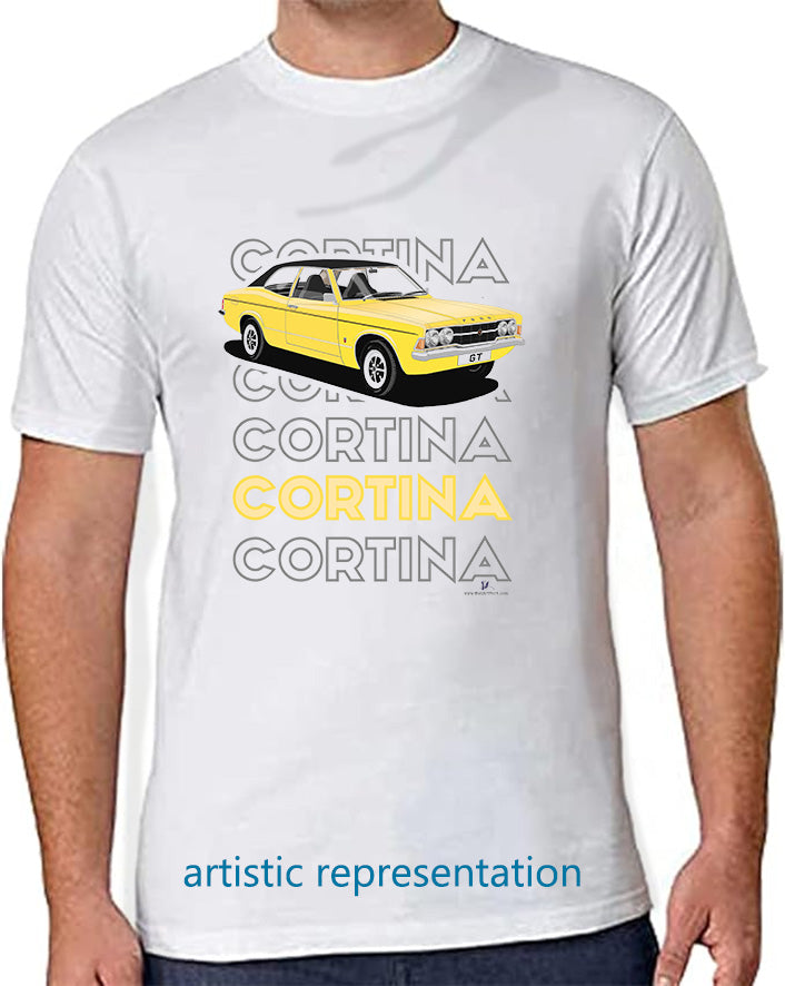 Ford Cortina Mk3 GT in Yellow Art T Shirt (Words)