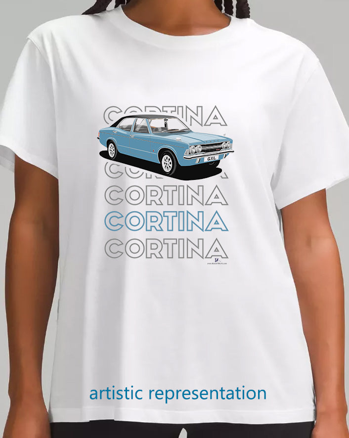 Ford Cortina Mk3 GXL in Blue Art T Shirt (Words)