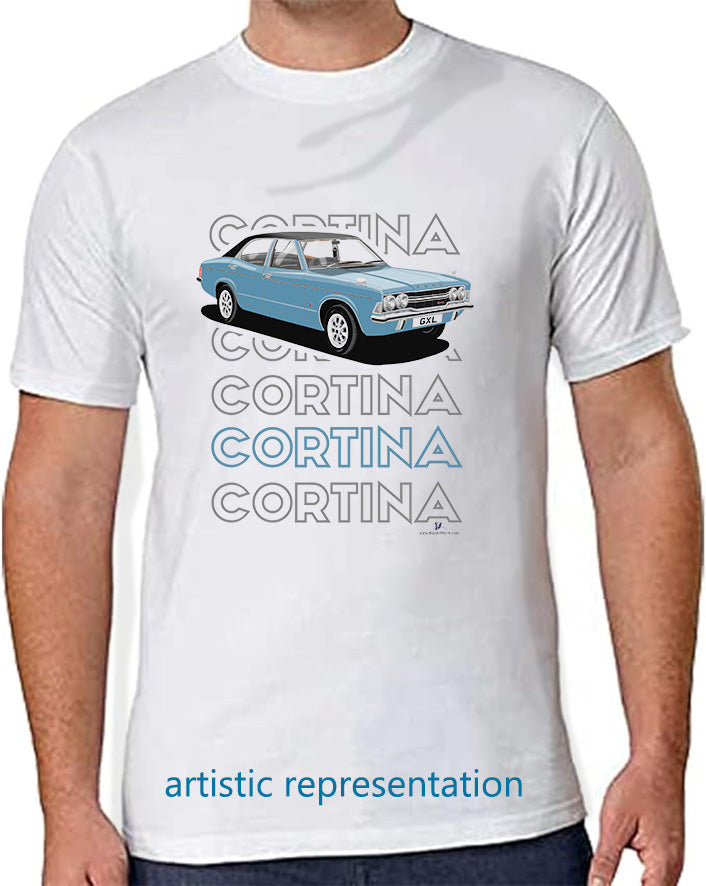 Ford Cortina Mk3 GXL in Blue Art T Shirt (Words)