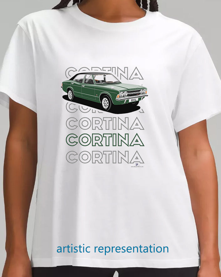 Ford Cortina Mk3 GXL in Dark Geeen Art T Shirt (Words)