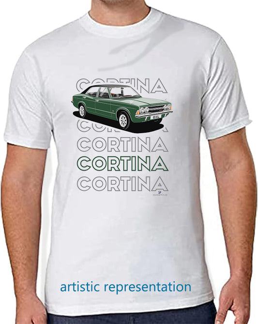 Ford Cortina Mk3 GXL in Dark Geeen Art T Shirt (Words)