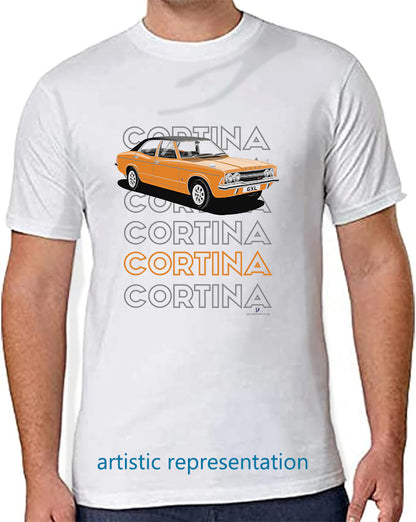 Ford Cortina Mk3 GXL in Orange Art T Shirt (Words)