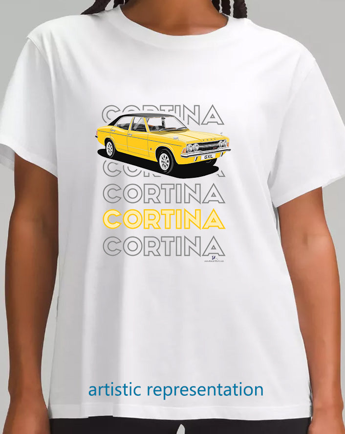 Ford Cortina Mk3 GXL in Yellow Art T Shirt (Words)