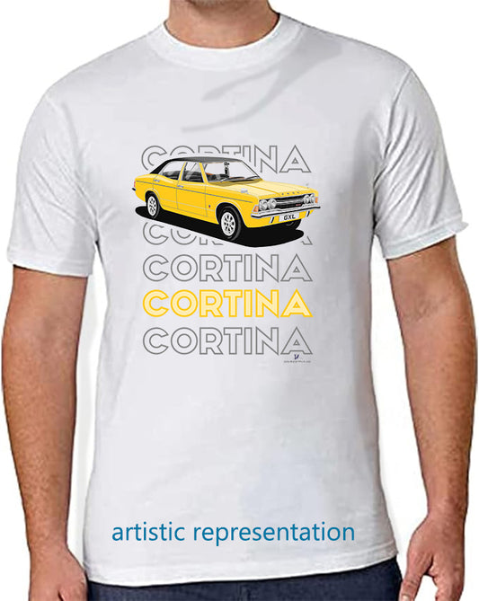 Ford Cortina Mk3 GXL in Yellow Art T Shirt (Words)