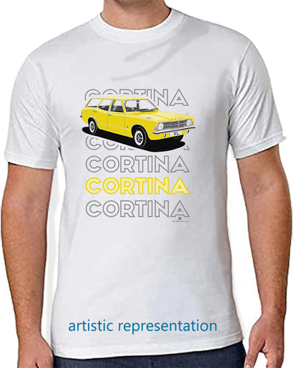 Ford Cortina Mk3 XL Estate in Yellow. Art T Shirt (Words)