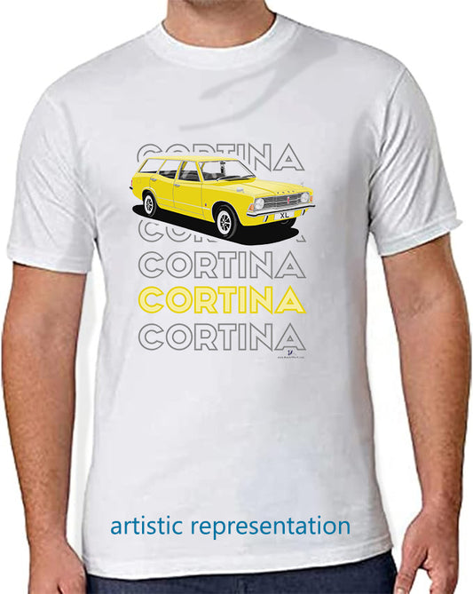 Ford Cortina Mk3 XL Estate in Yellow. Art T Shirt (Words)