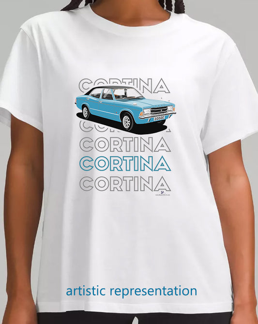 Ford Cortina Mk3 2000E in Blue Art T Shirt (Words)