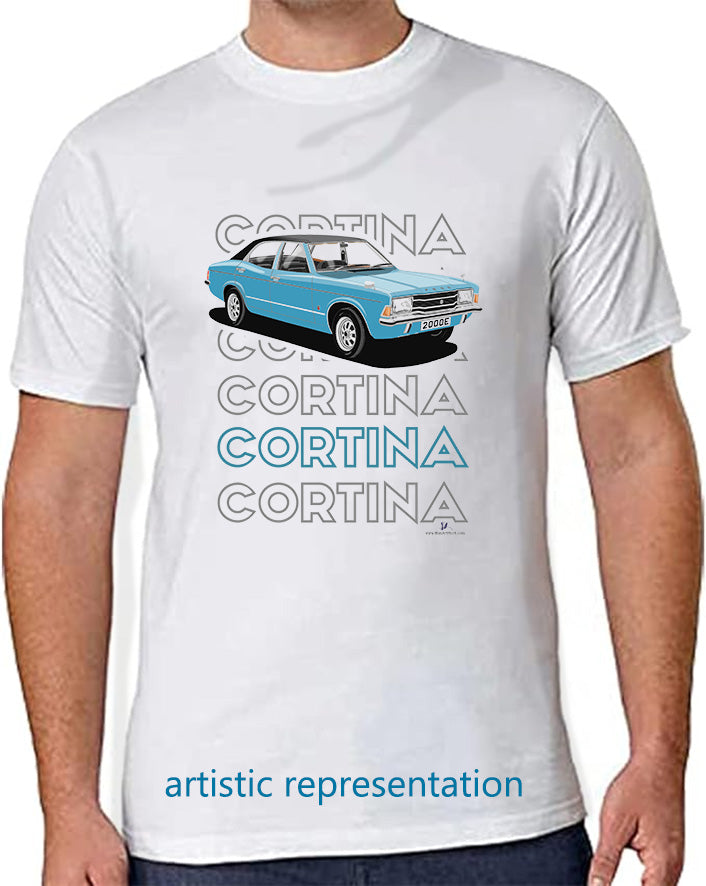 Ford Cortina Mk3 2000E in Blue Art T Shirt (Words)