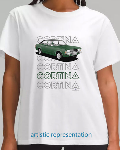 Ford Cortina Mk3 2000E in Dark Green Art T Shirt (Words)