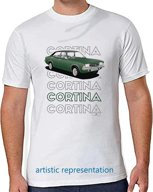 Ford Cortina Mk3 2000E in Dark Green Art T Shirt (Words)