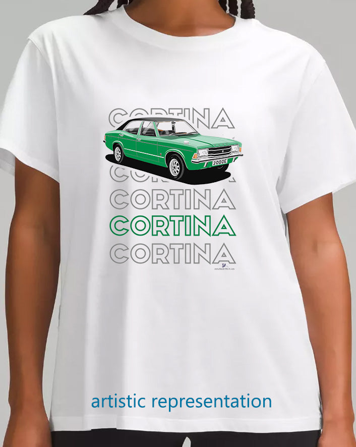 Ford Cortina Mk3 2000E in Green Art T Shirt (Words)