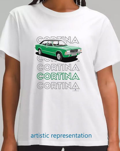Ford Cortina Mk3 2000E in Green Art T Shirt (Words)