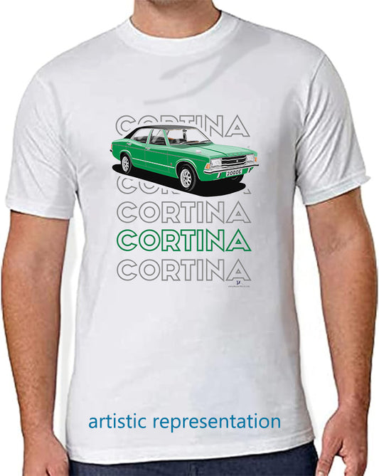 Ford Cortina Mk3 2000E in Green Art T Shirt (Words)