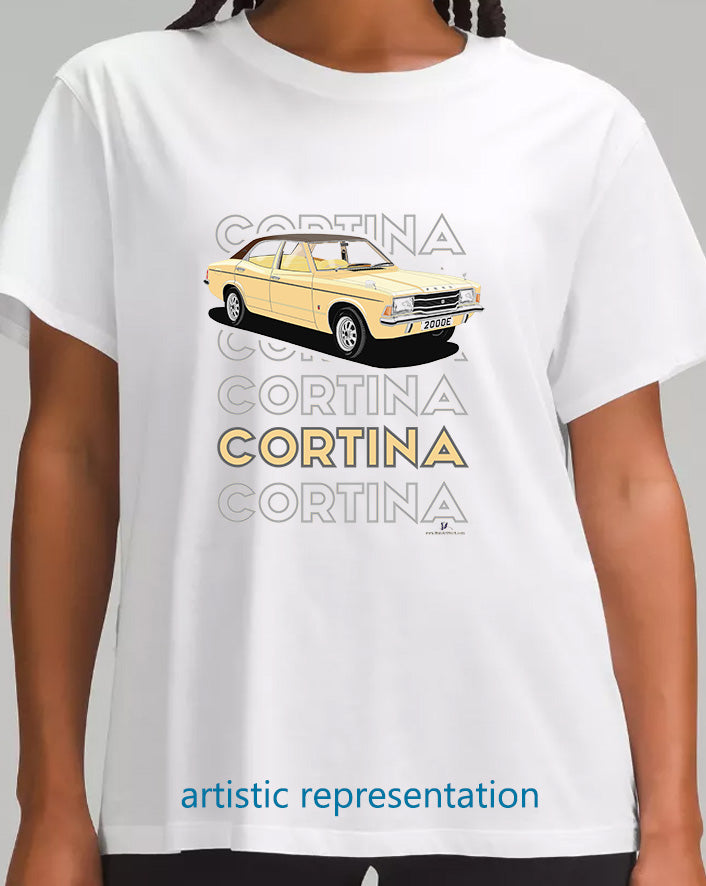 Ford Cortina Mk3 2000E in Beige Art T Shirt (Words)