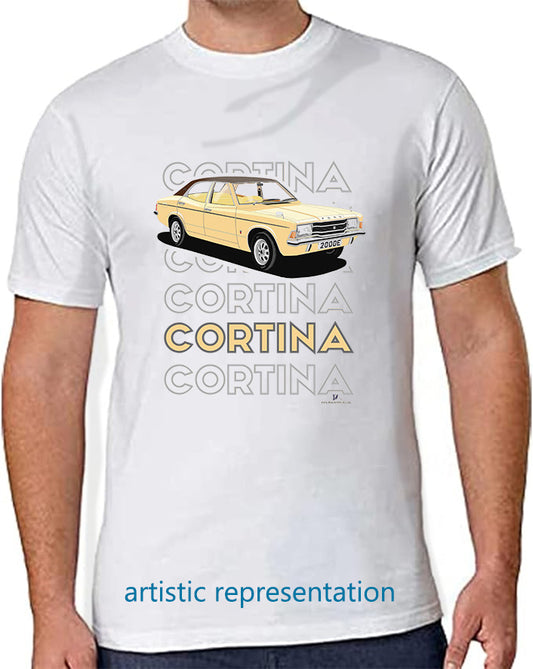 Ford Cortina Mk3 2000E in Beige Art T Shirt (Words)