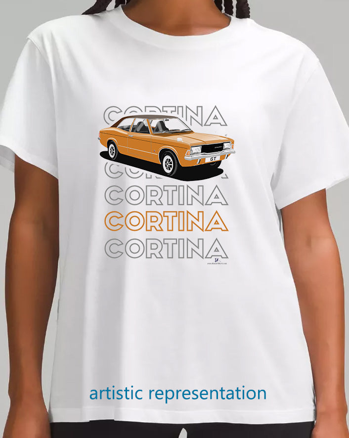 Facelift Ford Cortina Mk3 GT in Bronze Art T Shirt (Words)