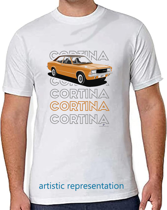 Facelift Ford Cortina Mk3 GT in Bronze Art T Shirt (Words)