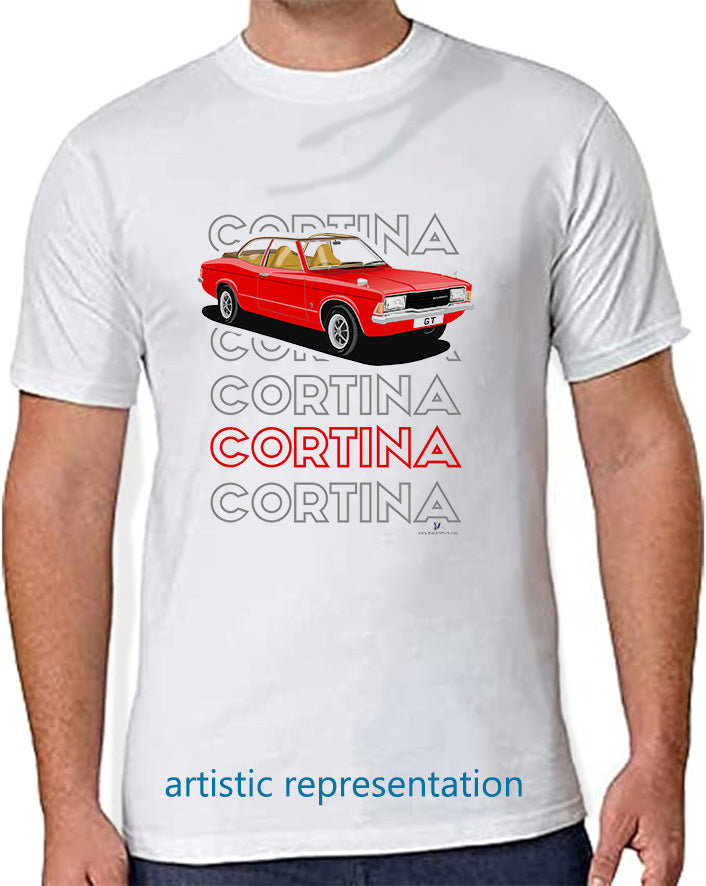 Facelift Ford Cortina Mk3 Crayford in Red Art T Shirt (Words)