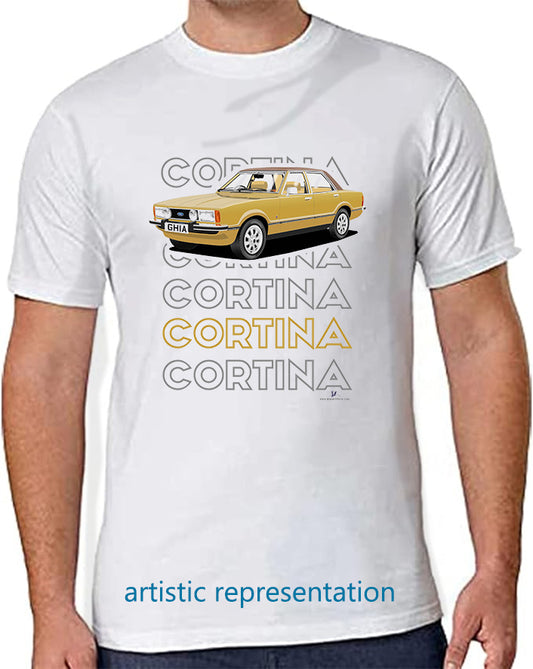 Ford Cortina Mk4 Ghia in Gold Art T Shirt (Words)