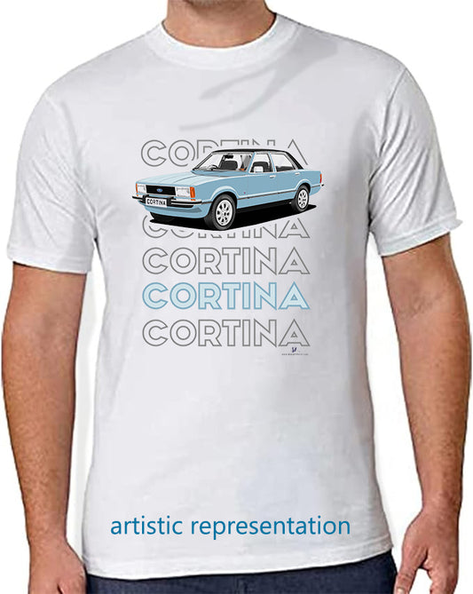 Ford Cortina Mk4 Ghia in Light Blue Art T Shirt (Words)