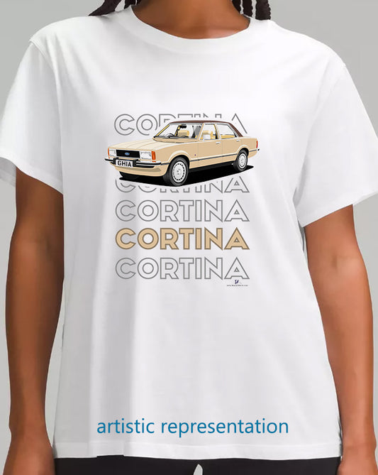 Ford Cortina Mk4 Ghia in Light Gold Art T Shirt (Words)