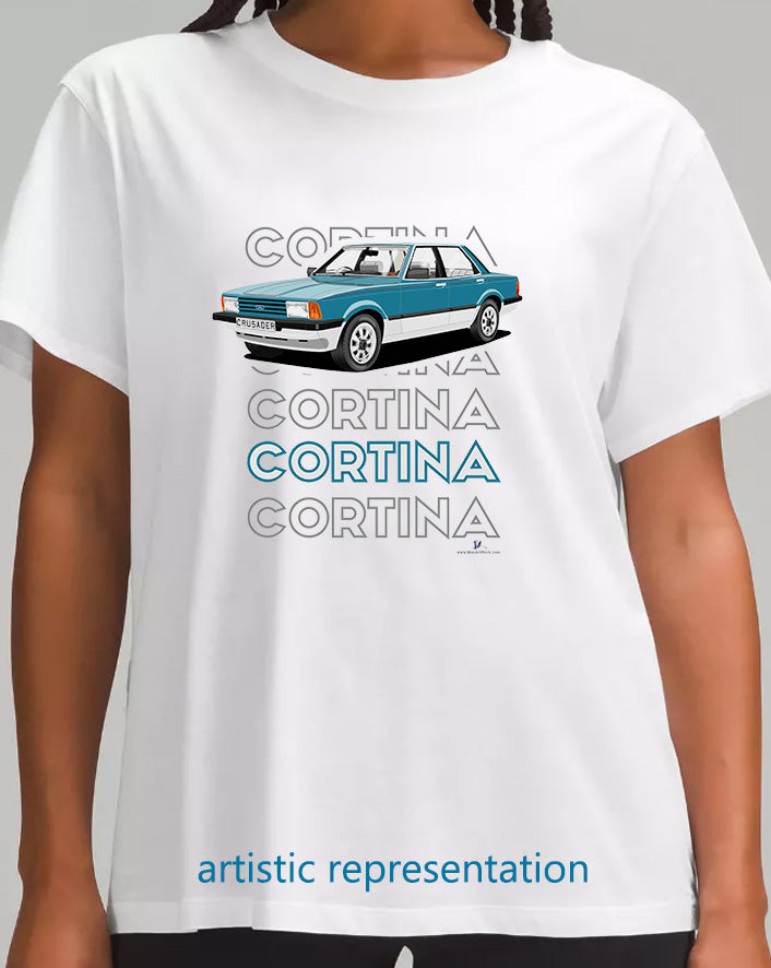 Ford Cortina Mk5 Crusader in Blue & Silver Art T Shirt (Words)