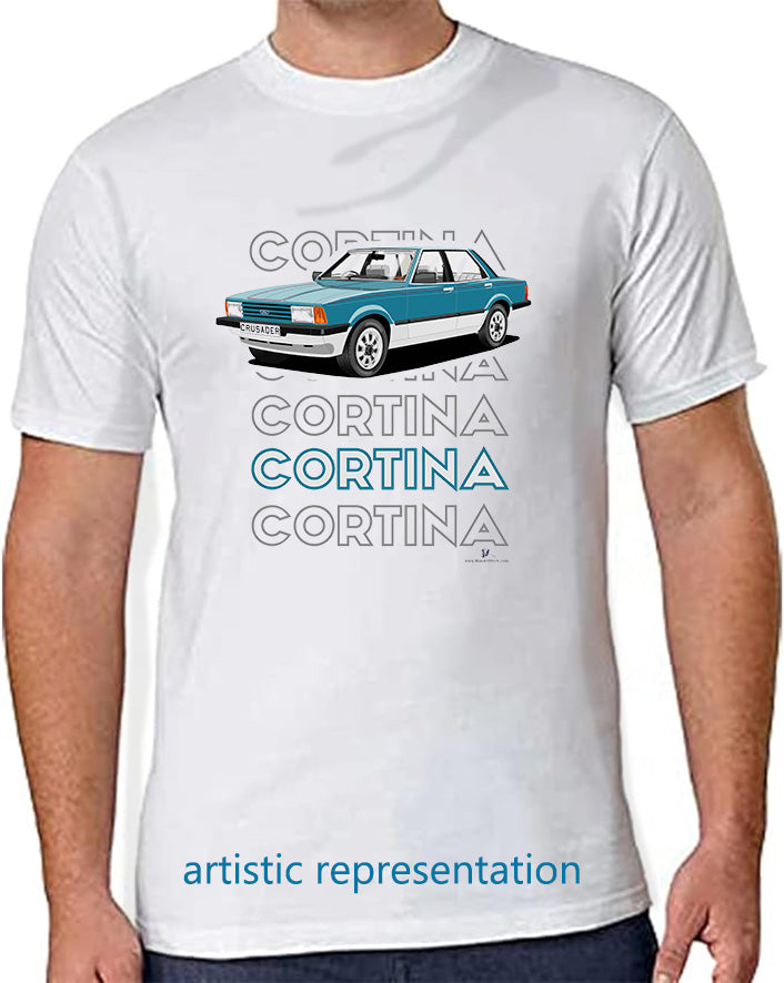 Ford Cortina Mk5 Crusader in Blue & Silver Art T Shirt (Words)