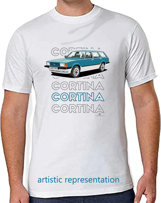Ford Cortina Mk5 Crusader Estate in Blue & Silver Art T Shirt (Words)