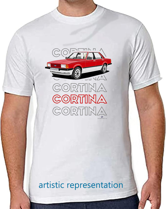 Ford Cortina Mk5 Crusader in Red & Silver Art T Shirt (Words)