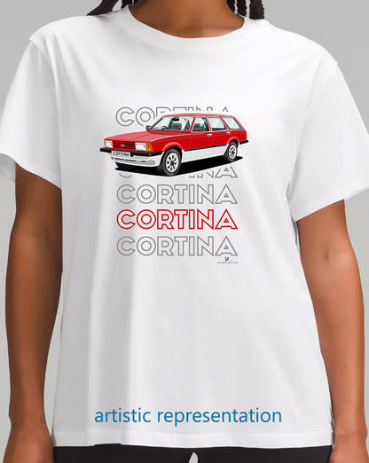 Ford Cortina Mk5 Crusader Estate in Red & Silver Art T Shirt (Words)