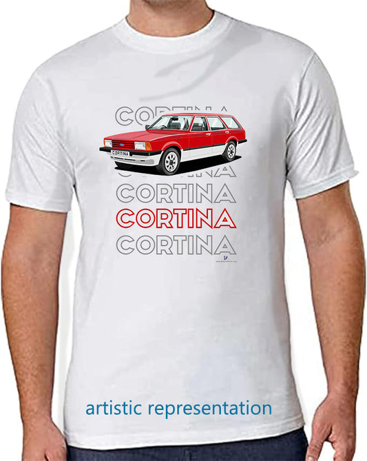 Ford Cortina Mk5 Crusader Estate in Red & Silver Art T Shirt (Words)