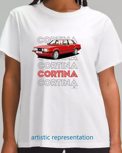 Ford Cortina Mk5 GLS  in Red Art T Shirt (Words)