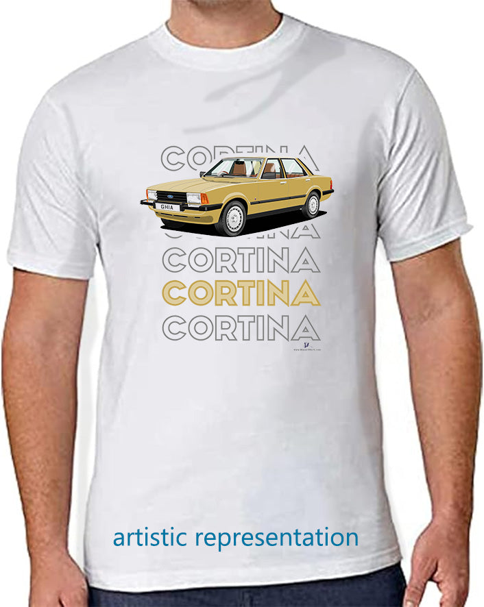 Ford Cortina Mk5 Ghia in Light Gold Art T Shirt (Words)