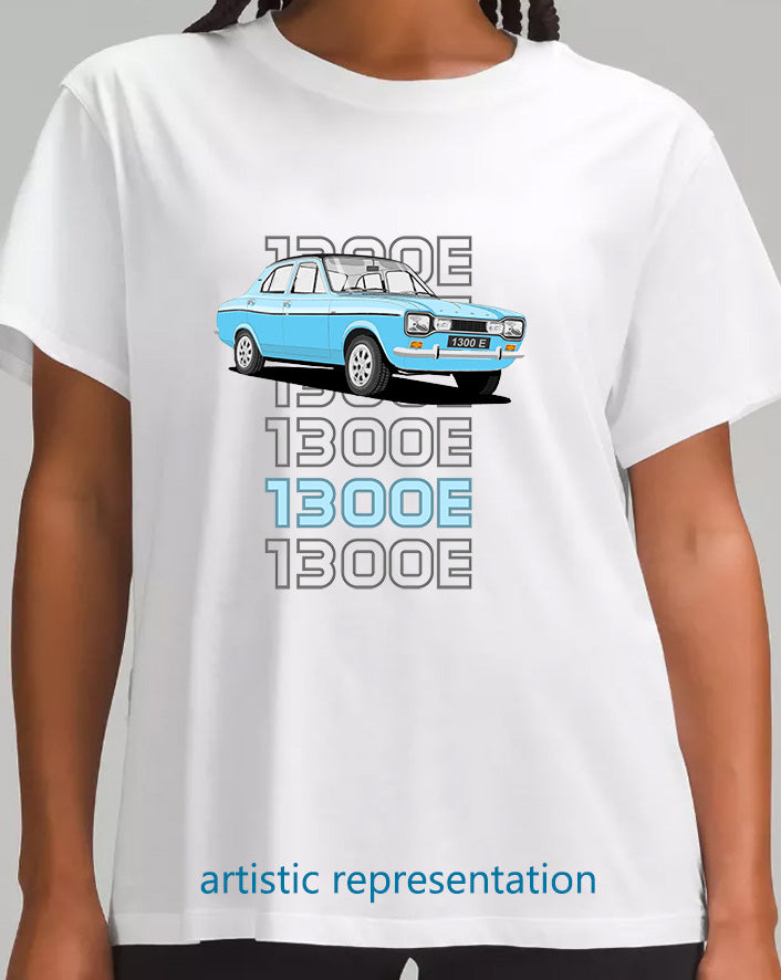 Ford Escort Mk1 1300E 4 Door in Light Blue Art T Shirt (Words)