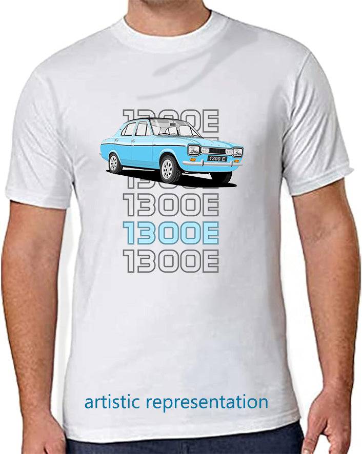 Ford Escort Mk1 1300E 4 Door in Light Blue Art T Shirt (Words)