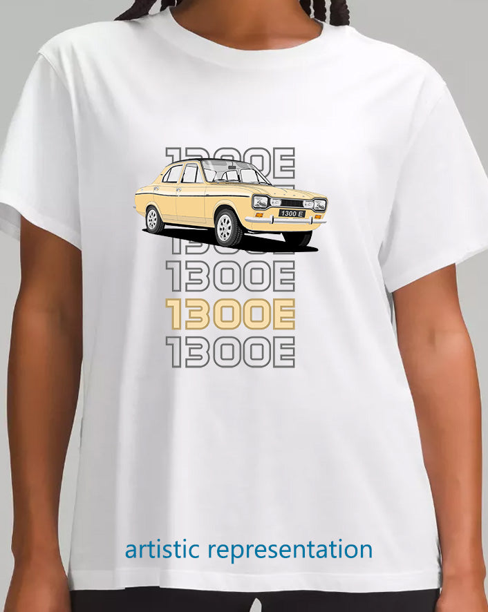 Ford Escort Mk1 1300E 4 Door in Beige Art T Shirt (Words)