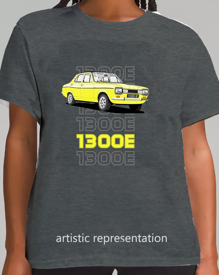 Ford Escort Mk1 1300E 4 Door in Yellow Art T Shirt (Words)