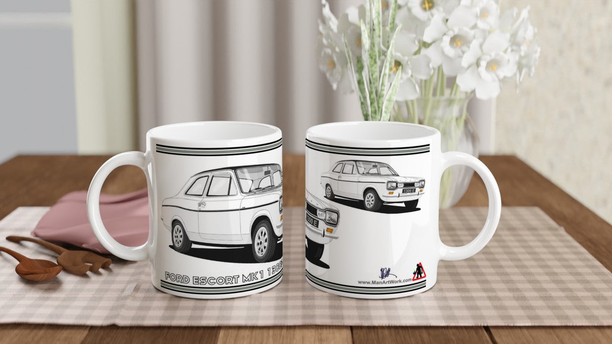 Ford Escort Mk1 1300E in White Art Mug