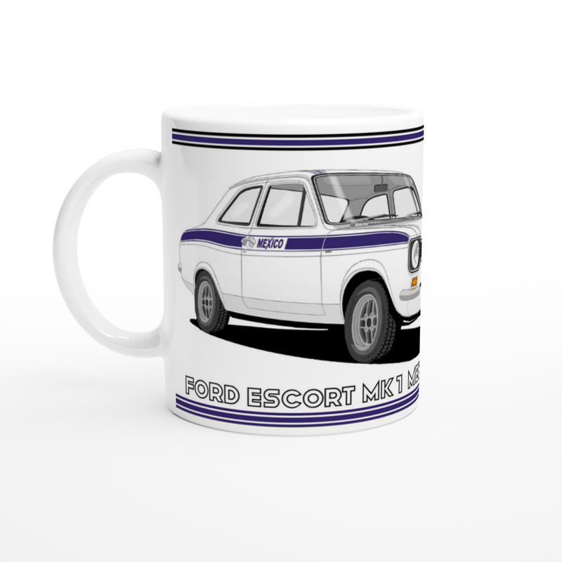 Ford Escort Mk1 Mexico in White & Blue Art Mug