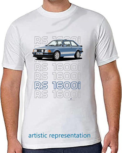Ford Escort Mk3 RS1600i Art T Shirt in Blue (Words)