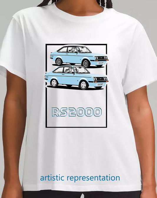 Ford Escort Mk2 RS2000 in Light Blue Art T Shirt (Words)